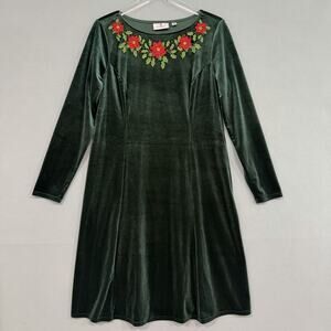 NWT Quacker Factory Dress Size Medium Green Velvet Long Sleeve Holiday A-line